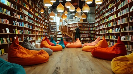 A library reading area with bean bags and bookshelves