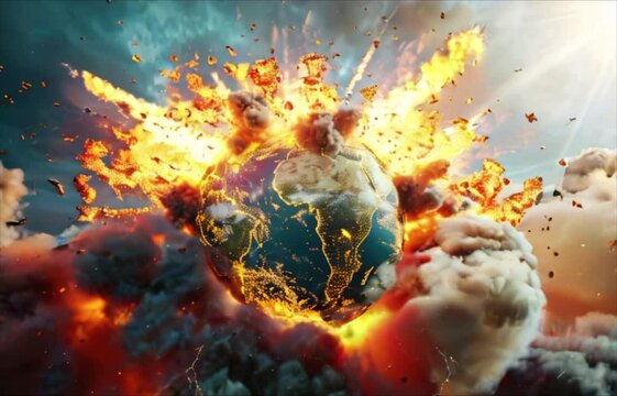 Planet Earth exploding from nuclear blast. Explosion of atomic bomb. Apocalypse, world war 