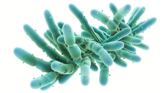 Magnified green bacteria on a white background, showcasing the structure and details of microbial life in microscopic view.