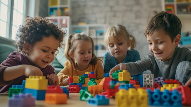 Happiness of children playing building blocks with friends, imaginative creations, children activities.