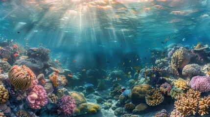 Fototapeta premium Vibrant underwater coral reef scene with sunlight streaming through water, showcasing colorful marine life and diverse coral formations.