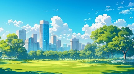 Fototapeta premium 都会にある公園、イラスト風11