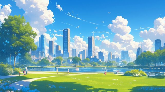 都会にある公園、イラスト風9