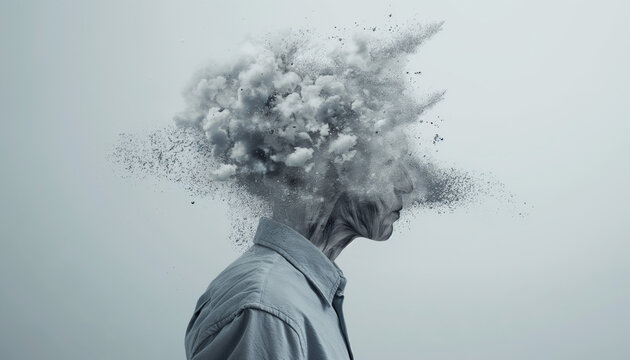 A surreal black and white image of a person with an exploding head made of smoke creating a powerful and emotional visual perfect for conceptual themes
