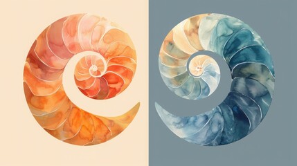 Abstract watercolor nautilus shells, one in warm tones and one in cool tones, creating a harmonious and balanced composition.