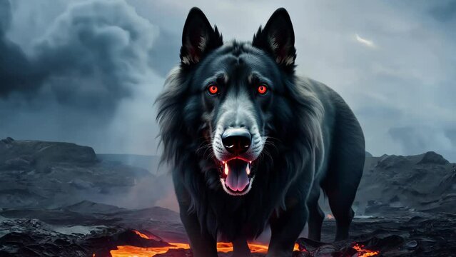 Massive wolf-like creature emerges from volcanic terrain. Glowing red eyes pierce mist, lava flows beneath paws. Otherworldly energy ripples through dark fur. 