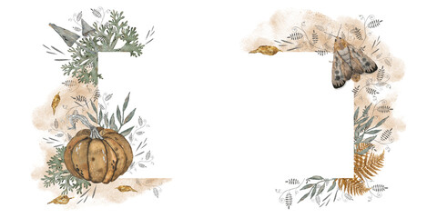 autunm frame made of dried flowers, leaves and pumpkin