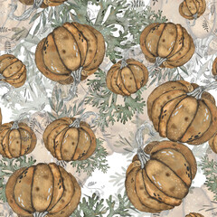 Autumn seamless pattern with pumpkin and lichen