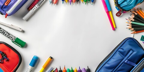 Flat lay top view, white background with empty middle, school supplies around the edges backpacks, pens, pencils, markers, paper sheets.