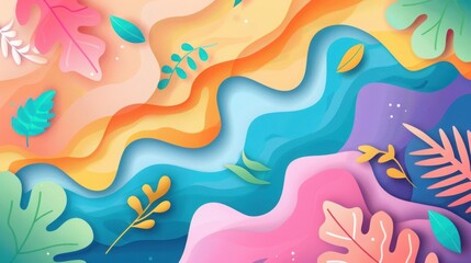 Fototapeta premium Colorful abstract illustration with paper cut style leaves in vibrant shades, creating a dynamic and artistic composition.