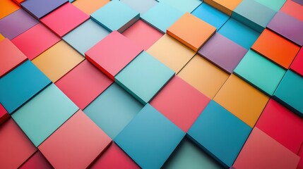 Colorful geometric pattern with overlapping squares creating an abstract and vibrant background. Perfect for modern and dynamic designs.