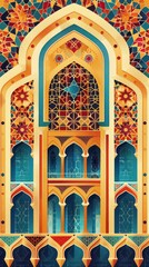 Obraz premium Colorful Islamic geometric pattern traditional Moroccan archway showcasing intricate, vibrant tilework architectural design.