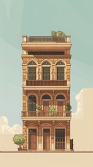 Fototapeta premium Illustration of a tall, classical building with arched windows and balconies, set against a light sky.