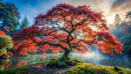 A Stunning Image Of A Japanese Maple Tree In Full Bloom. The Vibrant Red Leaves Of The Tree Are Set Against A Backdrop Of Green Moss And A Tranquil Pond, Creating A Peaceful And Serene Scene.