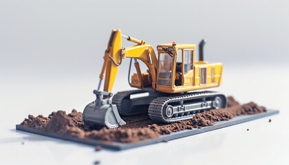 A detailed miniature model of a yellow excavator digging soil creating a realistic and playful depiction ideal for construction-themed projects and educational visuals