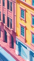 Obraz premium Vibrant urban street scene featuring colorful tall buildings with pink and yellow facades in the bright sunlight.