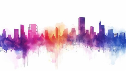 Fototapeta premium Vibrant watercolor city skyline against a white background, showcasing colorful architecture in abstract artistic style.