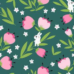 Flowers and rabbits seamless pattern