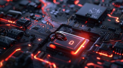 The microplate of the processor. Working network. Close-up of a computer chip in red and black colors