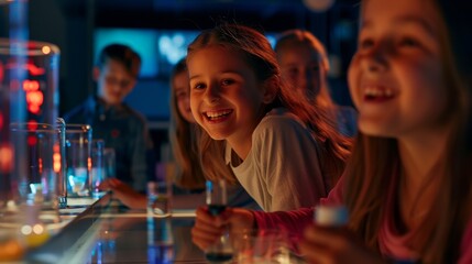 Obraz premium Children smiling while participating in science experiments on classroom.