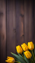 AI generated image of beautiful yellow color tulip flowers on wooden background