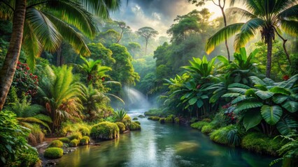 Lush Green Jungle Foliage With River Running Through It