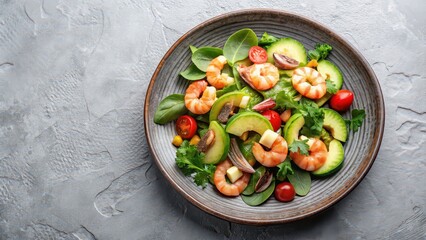 Shrimp and avocado salad on a ceramic plate on a light table, seafood, healthy, fresh, delicious, nutritious, appetizer
