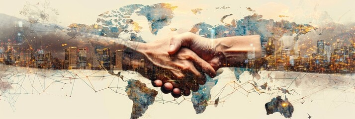 Strategic partnerships illustrated in double exposure, merging business handshakes with global connectivity and digital maps