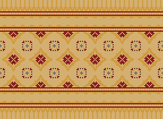 Cross Stitch Pixel Pattern. Ethnic Abstract Art. Seamless Pattern in Tribal, Folk Embroidery, Style. Aztec Geometric Ornament Print.