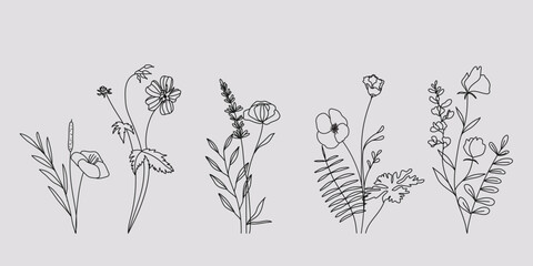 Hand drawn flower bouquet line element vector. Collection of foliage, leaves branch, wildflower, daisy, sunflower, eucalyptus. Spring blossom illustration design for logo, wedding, tattoo, decor.
