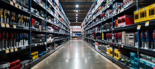 Warehouse aisle hardware store. Industry market product retail grocery. Generative AI technology.	
