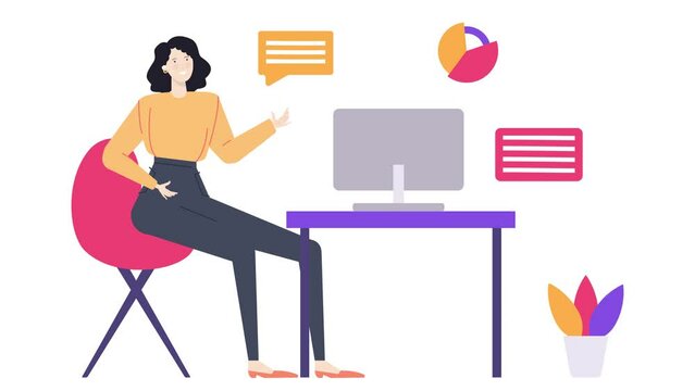 a busy woman on her desk with computer business animated illustration video