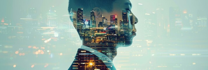 Digital transformation in business captured through double exposure, combining corporate settings with advanced technology visuals