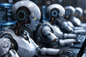 Fototapeta premium A row of robots are operating laptops