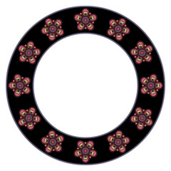 Round circular frame or border with stylized flowers. Folk style.