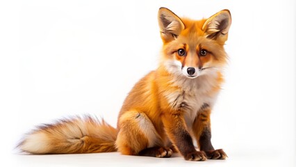 Obraz premium A Beautiful Red Fox Sits On A White Background, Looking At The Camera With Its Big, Curious Eyes.