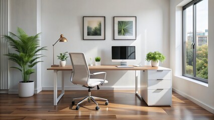 A Modern Home Office With A Large Window, Plants, And A Comfortable Desk And Chair.