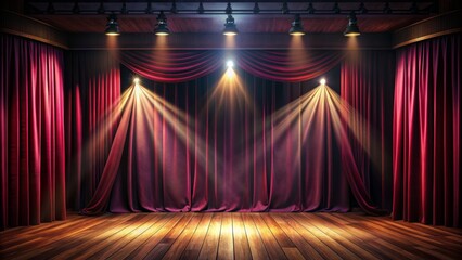 The Red Velvet Curtains Of A Theater Stage Are Pulled Back To Reveal A Spotlight On An Empty Stage.