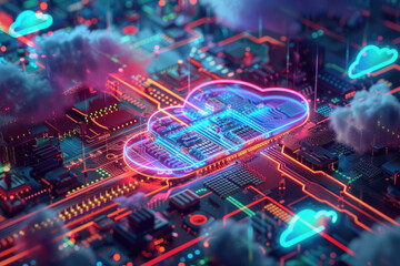 Obraz premium Cloud computing and cloud storage, blue circuit