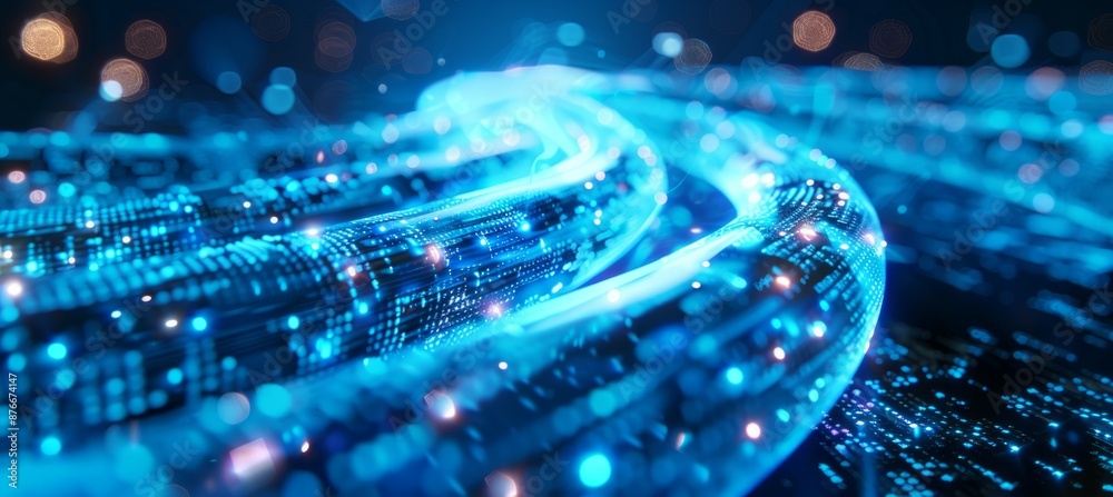 Poster Data flow transfer on glowing blue internet cable. Wireless online speed network. Generative AI technology.	
