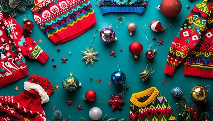 festive national ugly christmas sweater day decorations in vibrant flat lay composition