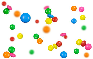 Colourful chocolate candies, multicolored glazed chocolate falling isolated on white background.Falling 
candied fruit,selective focus