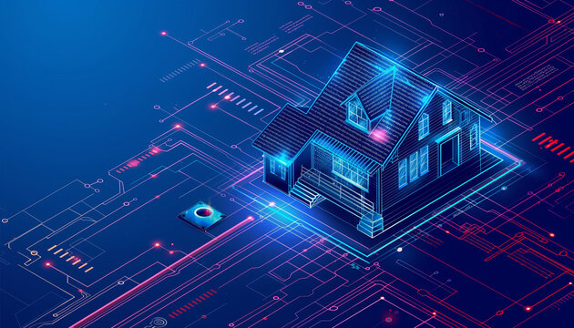 Digital house with blue and red circuit lines on a dark blue background
