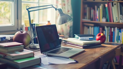 A student's desk with a laptop and textbooks