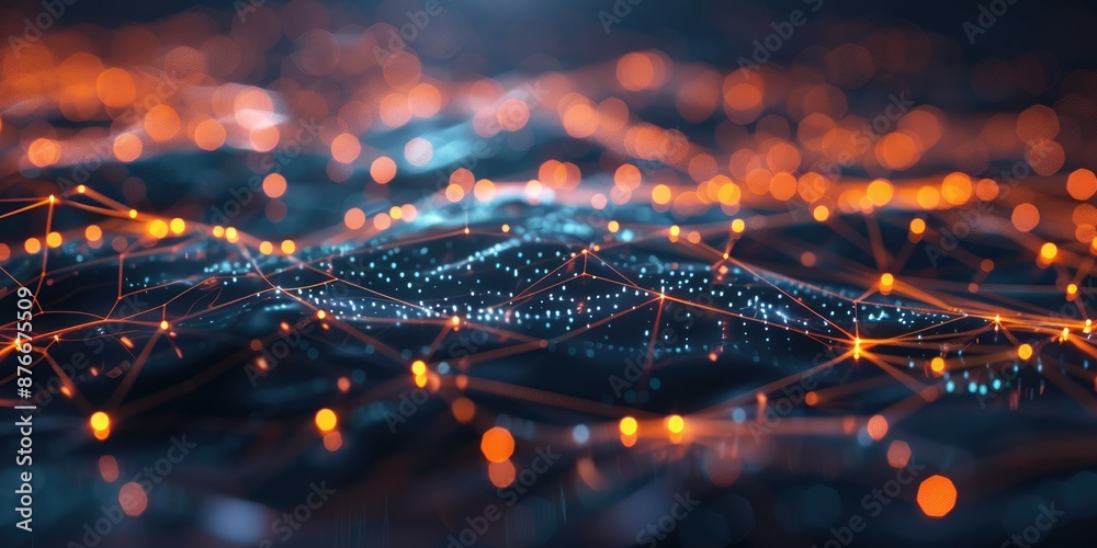 Poster a depiction of neural networks with luminous nodes and connections, set against an abstract backgrou