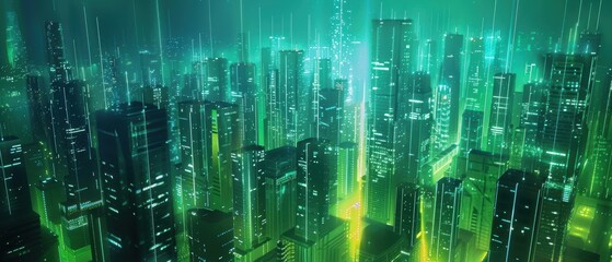 Naklejka premium Abstract cityscape with emerald cube towers, bright lights, futuristic urban scene