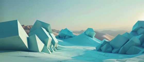 Fototapeta premium Abstract desert landscape with cyan cube formations, soft shadows, surreal scenery