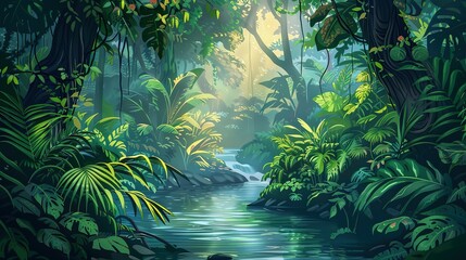 Lush green jungle foliage with a tranquil river flowing through the center