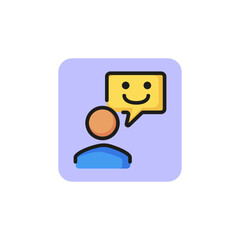 Man with smiley face in speech bubble line icon. Live chat, online support, message. Feedback concept. Vector illustration can be used for topics like social networking, communication, service
