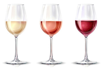 Three wine glasses filled with white, rosé, and red wine, lined up side by side, highlighting the variety and color of each type, set against a plain white background.